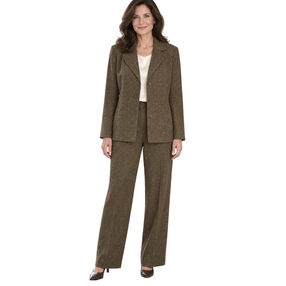 Lafayette 148 2PC Pant Suit Blazer Jacket Pants Olive Brown Tweed  Wool Size 16